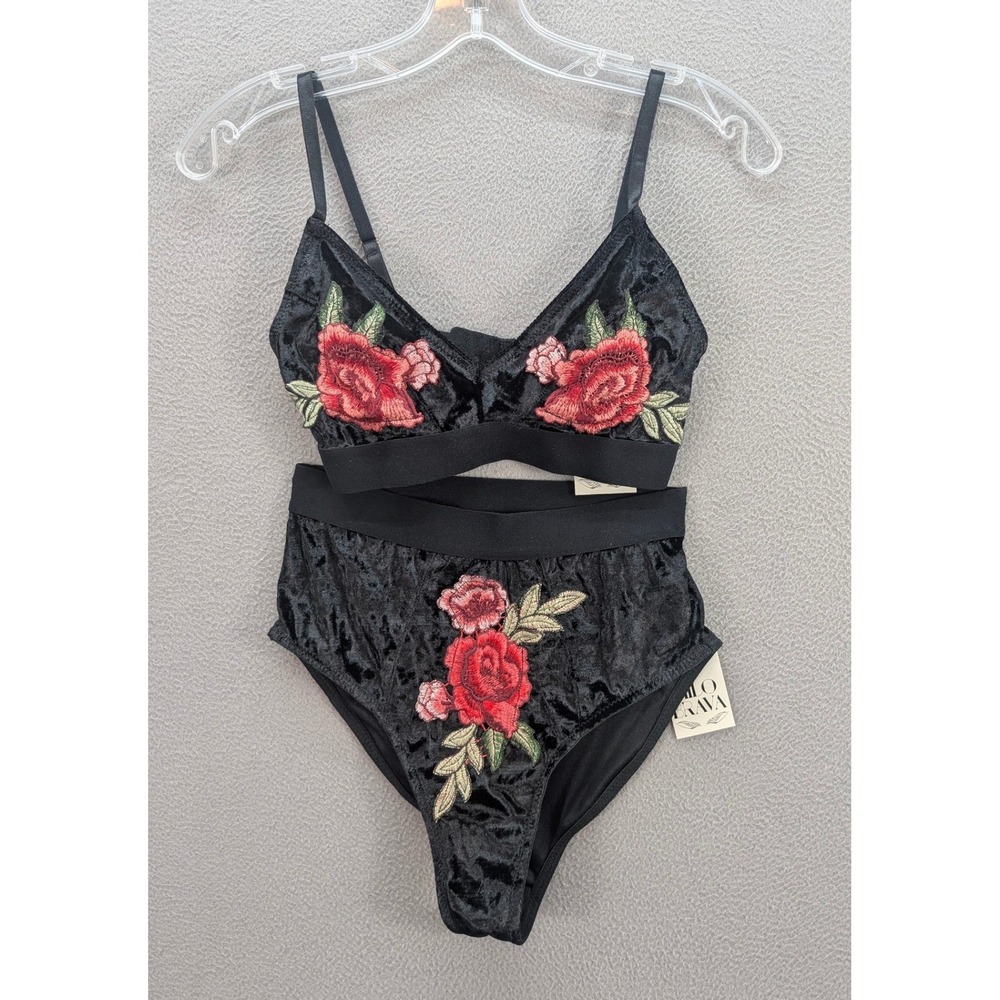 Floral Embroidered Velvet Bra & High-Waist Brief Set - Black with Red Roses